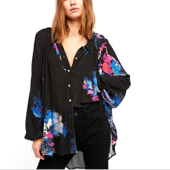 Free People Meadow Lark Tunic Blouse Boho Black Floral Print Women's S Button Up - Picture 12 of 12